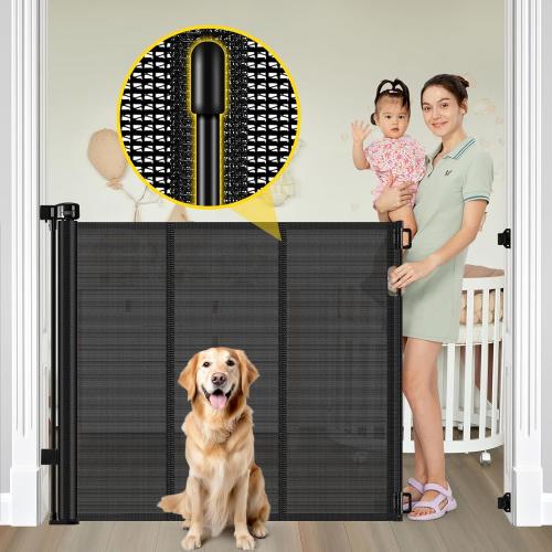 Reinforced 42” Extra Tall Retractable Baby Gates with Rods, Extends up to 60” Wide, Tall Retractable Dog Gate for Doorways Prevent Crawling Through Mesh Pet Gate Indoor Outdoor, Black