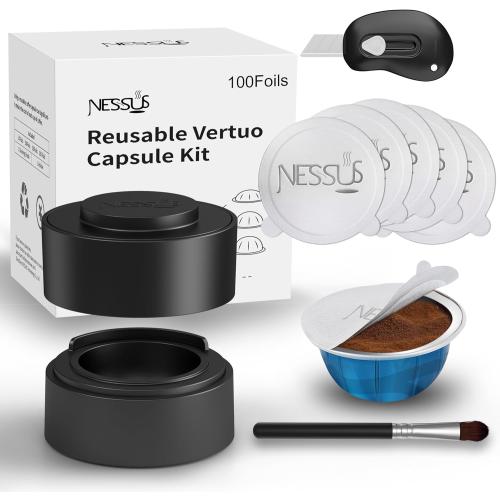 Nessus Reusable Kit for Nespresso Pods Vertuo, Reuse Old Coffee Pods for Nespresso Vertuo: 100 Pcs Aluminum Foil Seal Lid, Holder, Brush, Refillable Vertuo Plus Next Capsule Machine(No Pods Come)