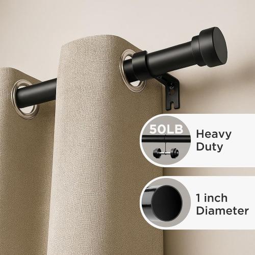 32-120 Black Joydeco Black Curtain Rods for Windows - Adjustable Curtain Rods for Windows 16 to 120 inches, 1 inch Diameter Heavy Duty Decorative Window Single Rod Set with Aluminium Finials