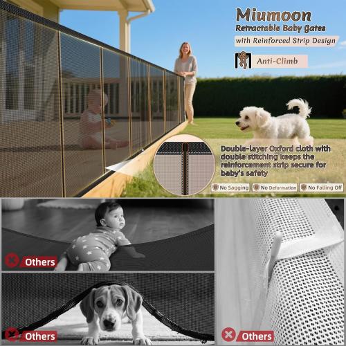 120 inch Retractable Baby Gates 34 inch Tall, Retractable Gate with Reinforced Strip Design to Prevent Crawling Through, 10 FT Extra Wide Retractable Dog Gate for Indoor/Outdoor