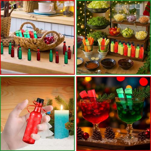 Patelai 50 Pcs 2oz Mini Liquor Bottles with Black Caps Funnels Plastic Shooters Alcohol Bottle Sauce Spirit Bottles for Cocktail Wine Halloween Fall Thanksgiving Christmas Party Favors(Red and Green)