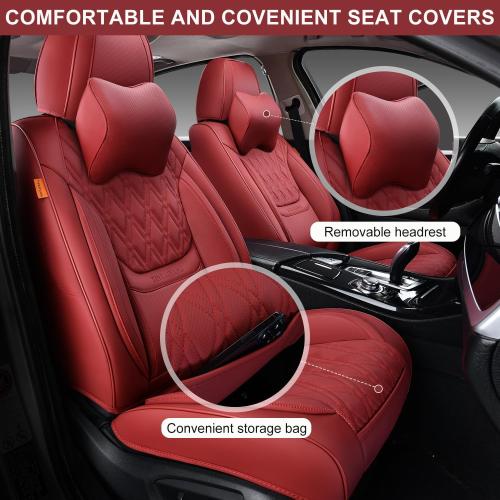 Car Seat Covers Front Pair, Breathable Leather Automotive Front Seat Covers with Headrest, Universal Automotive Vehicle Seat Cover for Most Sedan SUV Pick-up Trucks, Wine Red