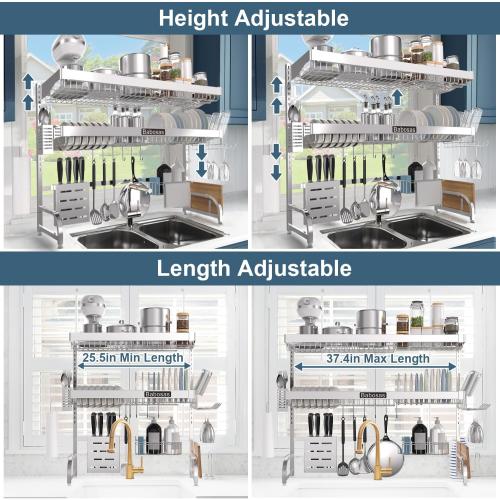 Over The Sink Dish Drying Rack,3 Tier Adjustable Length (25.5'' to 37.4'') Full Stainless Steel Large Storage Kitchen Dish Rack,For Kitchen Counter Expandable Multifunctional Organizers,Silver