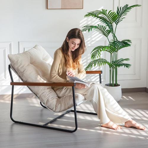 MAXYOYO Modern Accent Chair, Comfy Living Room Chair with Metal Frame Wooden Armrest, Upholstered Armchair with Soft Cushion for Bedroom Balcony Lounge Reading Room, Beige