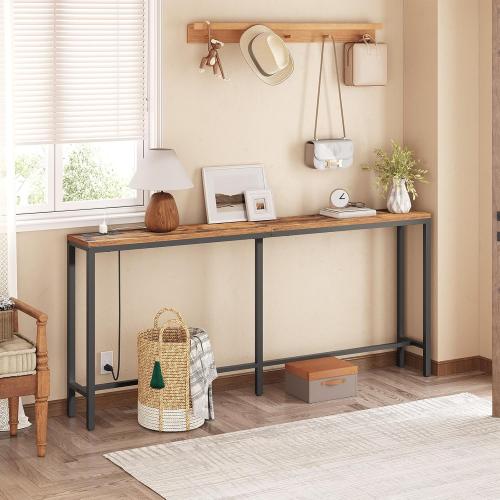 Size 70.9'' Console Table with Power Outlet, Narrow Sofa Table, Industrial Entryway Table with USB Ports, Behind Couch for Entryway, Hallway, Foyer, Living Room, Rustic Brown CTHR18E01Z1