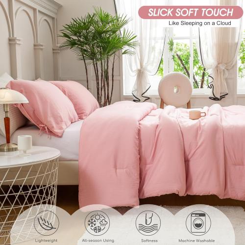 Blush Light Pink Comforter Set Queen, Super Soft Washed Polycotton Fabric, Cozy Comfy Down Alternative Bedding Blanket Comforter Set and Pillowcase Lightweight but Warm for Women All Seasons
