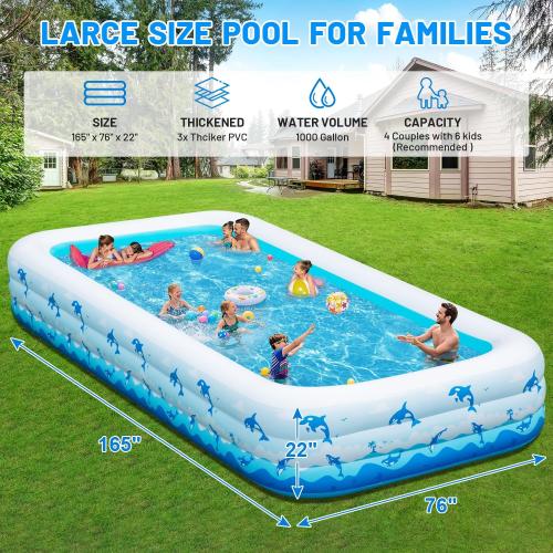 Extra Large Inflatable Swimming Pool – 165 x 76 x 22 Oversized Blow Up Pool for Adults, Big Family Backyard Pool with Pump, Thickened Kiddie Pool for Summer Water Party, Easy Set Up