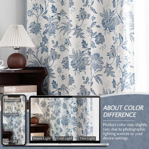 Vangao Blackout Curtains for Bedroom 84 Inches Long, Floral Curtains for Living Room Printed Flower Blackout Drapes Leaf Pattern Thermal Farmhouse Drapes Window Treatments, 2 Panels Blue and White