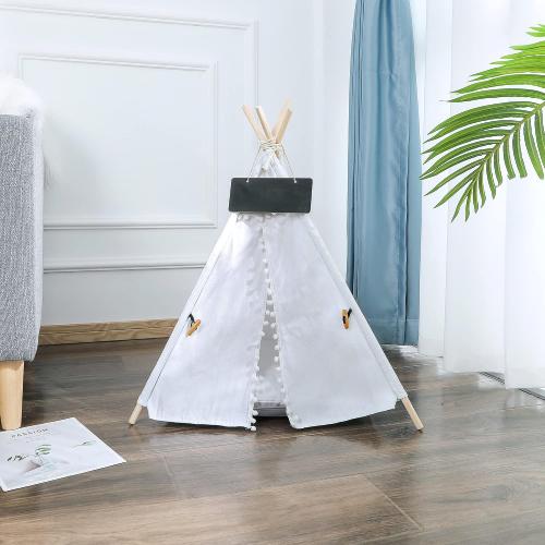Pet Teepee, Portable Pet Tents for Small Dogs or Cats, Puppy Sweet Bed Washable Dog or Cat Houses with Cushion(White,24in)
