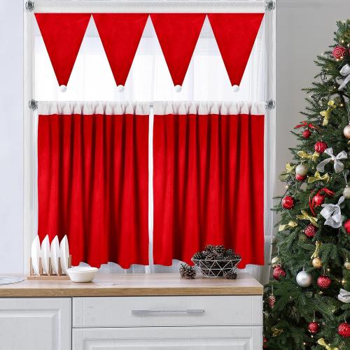 Christmas Kitchen Curtains Valances Set 3pcs Red Kitchen Window Curtains Valances Santa Hats Short Window Drapes Rod Pocket Cafe Tier Curtain Panels for Bathroom Home Living Room Xmas Decorations