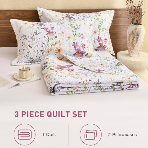 White Floral 128x120 Lady Ann Oversized King Bedspreads for Extra Bed 128x120, Wild Floral Printed Quilt Set 100% Cotton Yellow Flower Botanical Pattern Bedding, Vintage Coverlet with Pillow Shams for All Season, 3 PCS
