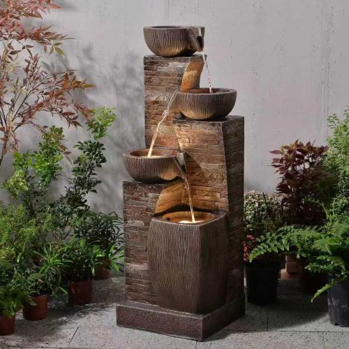 38.2 Tall Outdoor Water Fountain,Stone Texture Modern 4 Tiers Cascading Bowls Garden Fountains Outdoor,Suit for Patio, Deck, Porch, Lawns, Backyard and Home Art Decor