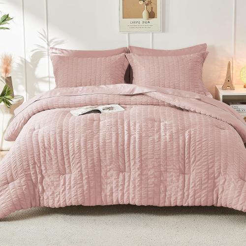 Light Pink Large Comforter Set Seersucker 7 Pieces, All Season Luxury Bed in a Bag for Bedroom, Bedding Set with Comforters, Sheets, Pillowcases & Shams