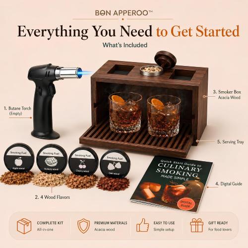 Bon Apperoo™ 2-Glass Culinary Smoker Box with Torch - Portable Cold Food and Cocktail Infuser - Indoor Whiskey and Bourbon Smoking Kit - Ideal for Drinks and Charcuterie - Butane Not Included
