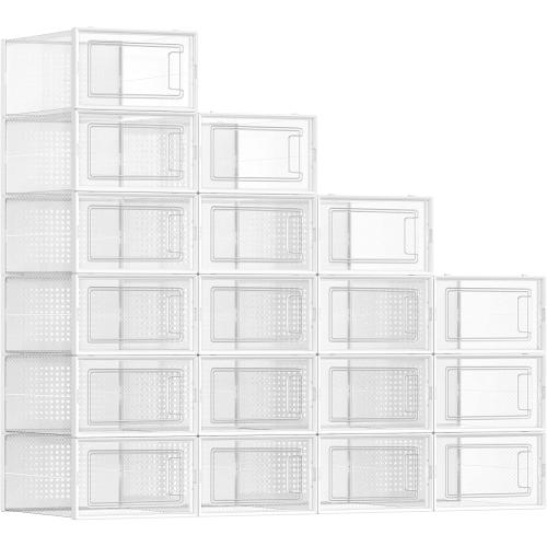 SONGMICS Shoe Boxes, Pack of 18 Shoe Storage Organizers, Stackable Clear Plastic Boxes for Closet, Sneakers, 13.1 x 9.1 x 5.6 Inches, Transparent and White ULSP18SWT