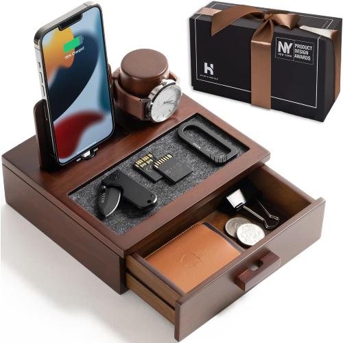 Holme & Hadfield Premium Wooden Phone Docking Station with Drawer – Nightstand Organizer for Charging Phone – Declutter Your Space with Felt-Lined Protection & Watch Pillar - Gift For Men‼️COLOR:BLACK (missing 1 cable gripper) ‼️