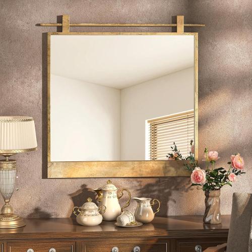 Gold Bathroom Mirror 24 x 24 Brushed Gold Square Rustic Rectangle Metal Framed Barn Door Farmhouse Bathroom Vanity Mirror for Over Sink, Foyer Entryway Decor