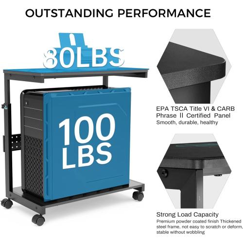 EUREKA ERGONOMIC PC Stand Height Adjustable Black | Height-adjustable 2-tier PC stand with wheels for ATX computer cases or printers, durable steel frame and smooth mobility