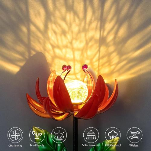 Color Red Solar Lights Outdoor Garden Decor, Solar Wind Spinner Yard Decorations for Outside, Lotus Windmill Pathway Lights with LED Cracked Crystal Ball Waterproof Flower Sculpture for Patio Lawn Garden Gifts
