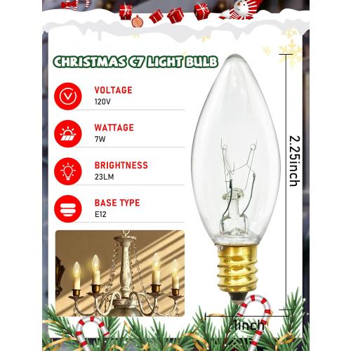 25PK C26 Christmas Incandescent Light Bulbs for Electric Window Candles Lamps, 7 Watts E12 Candelabra Base String Light Bulbs Replacement, Waterproof Clear Night Lights for Xmas Tree Indoor Decor