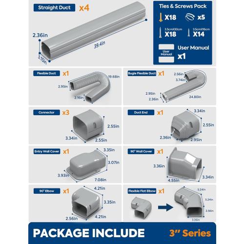 Mini Split Line Set Cover with 2 Flexible Ducts, 3 17Ft, Gray | Long Ducts, Fewer Joints, 2 Types of Entry Wall Cover, Lineset Cover for Air Conditioner, HVAC, Heat Pumps, Central AC Pipe‼️missing pieces‼️