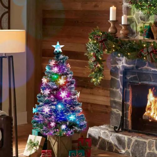 Juegoal 3 ft Pre-Lit Artificial Mini Christmas Tree, Lighted Optical Fiber Tabletop Xmas Trees with RGB Color Changing LED Lights, Snowflakes & Top Star, Festive Party Holiday Fake Multicolored Tree