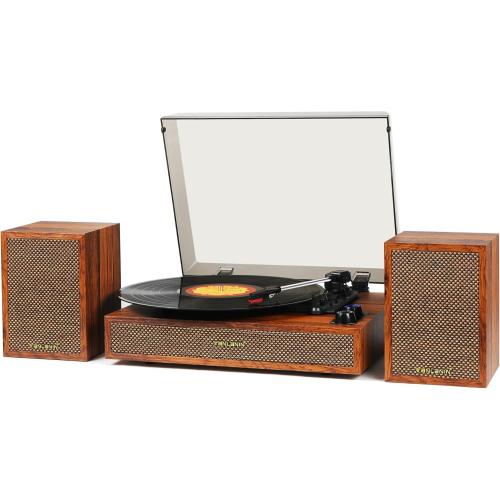 Vinyl Record Player with External Speakers, 3 Speed Bluetooth Turntable for Vinyl Records, Vintage Belt Drive Record Player with Stereo Speakers and Auto Stop, RCA Audio Out and Aux-in,Light Wood