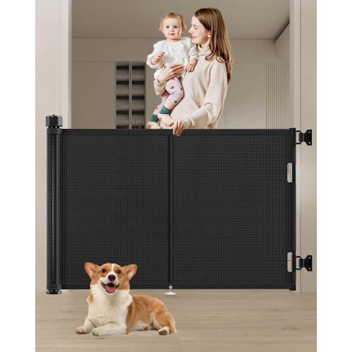 Black 59 inch Retractable Baby Gates 34 inch Tall, Retractable Gate with Reinforced Strip Design to Prevent Crawling Through, 5 FT Retractable Dog Gate for Stairs, Doorways, Hallways, Indoor/Outdoor