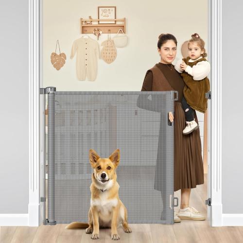 Grey 42 Tall X 60 Wide Retractable Pet Gates for Doorways Extra Tall Baby Gates for Dogs Tall Mesh Dog Gate Tall Retractable Gates for Baby and Pet Indoor Outdoor Mesh Cat Gate (Gray)