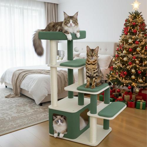 Modern Wood Cat Tree Tower for Large Cats - 43.5 Indoor Wooden Cat Condo with Sisal Scratching Posts, Washable Cushions, Large Top Perch & Easy Climb Steps for Elderly/Short-Legged Cats Multi-Cat Use