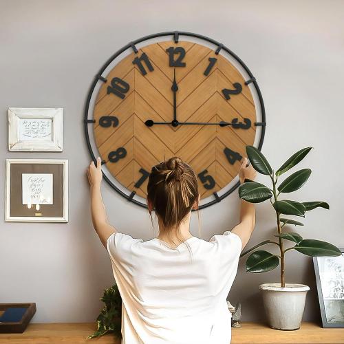 Micasso 27 Inch Large Farmhouse Wall Clock - Silent Non Ticking Rustic Wood & Metal Wall Decor, Oversized Antique Decorative Battery Operated Clock for Living Room, Kitchen, Office, Bedroom
