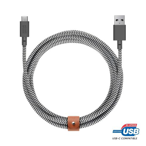 Native Union Belt Cable XL USB-C to USB-A - 10ft Ultra-Strong Charging Cable with Leather Strap Compatible with iPhone 17, Galaxy Z Fold 7, Flip 6, S25 Ultra, Pixel 10 Pro, iPad Pro (Zebra)