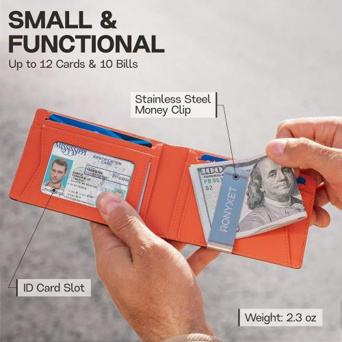 Slim Wallet for Men with Money Clip, Leather RFID Blocking Mens Wallet, Minimalist Credit Card Holder, Front Pocket Bifold - Gift Box Included (Money Clip, Carbon Orange)