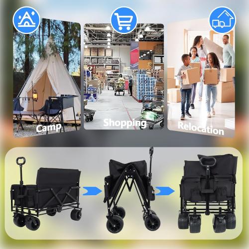 Heavy-Duty 3-in-1 Convertible Folding Wagon Cart with Bench Seat - 500lbs Capacity All-Terrain Utility Wagon, 180L Storage for Camping, Beach, Garden, Sports (Black)