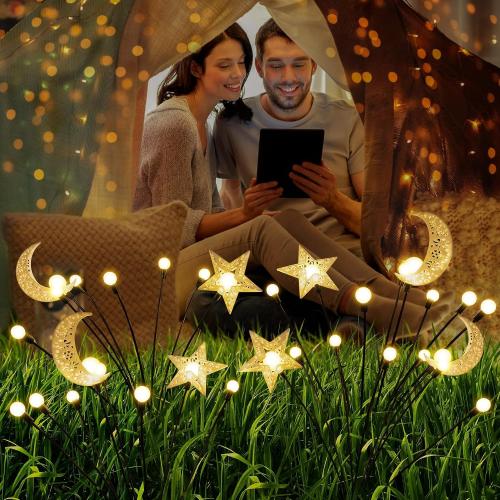 Solar Firefly Lights Outdoor Moon Star Sun Projection Stake Lights - Waterproof Solar Powered Garden Lights for Pathway, Yard, Patio Decor Warm White