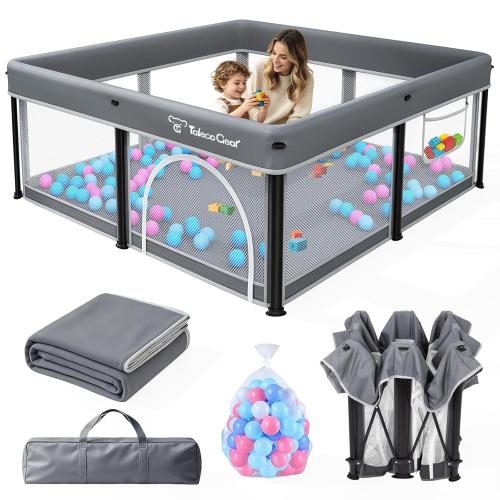 TOREVSIOR Foldable Baby Playpen with Mat, 50×50 Collapsible Play Pen for Babies and Toddlers, Indoor & Outdoor Kids Safety Play Pen, Portable Play Yard, Foldable Baby Playpen with 50 Ocean Balls