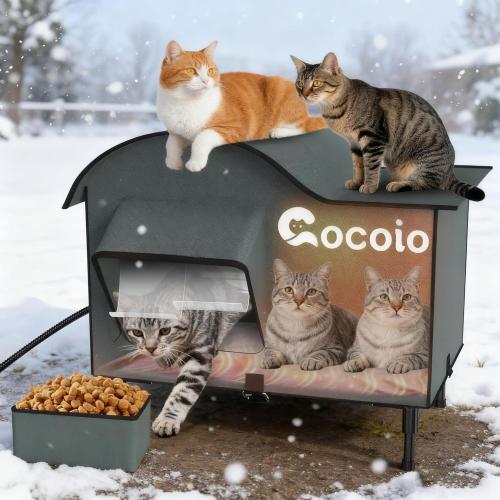 Heated Outdoor Cat House Weatherproof,Extra Large Insulated Heated Cat House for Multiple Cats Outside,Upgraded Feral Elevated Warm Cat Shelters for Winter with Heat Pad,Eaves&Escape Door Collaspable