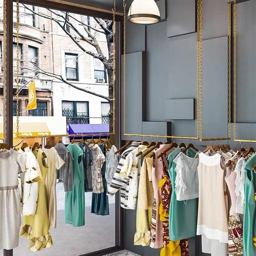 2 Pcs Height Adjustable Metal Chain Clothing Hanging Racks,Creative Commercial Wedding Dress Display Shelf,Retail Store Garment Rack,Ceiling Mount Clothes Storage Rod (Gold, 35.5 L)