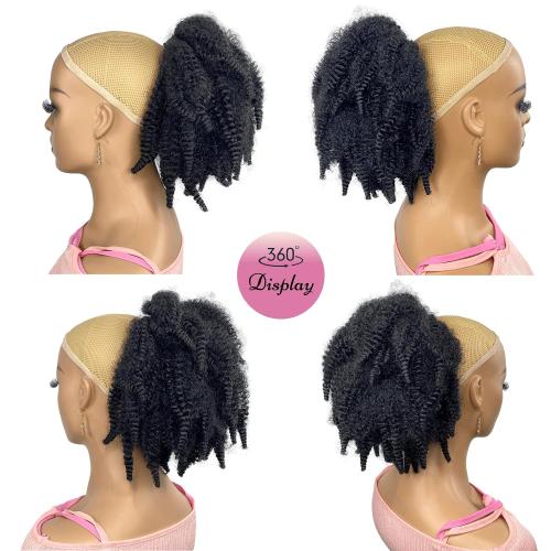 Short Marley Hair Drawstring Ponytail Black 4C Afro Puff Bun Braiding Ponytail Hair with Clips Synthetic Afro Kinky Curl Pony Tail Hairpiece for Black Women - Natural Black 12