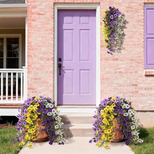 Fake Artificial Flowers for Outdoors, 4 Pcs Faux Hanging Pansy Flowers Spring Summer Decor, UV Resistant Fake Plants Silk Flower for Planter Front Door Porch Patio Yard Garden(Purple Yellow White)