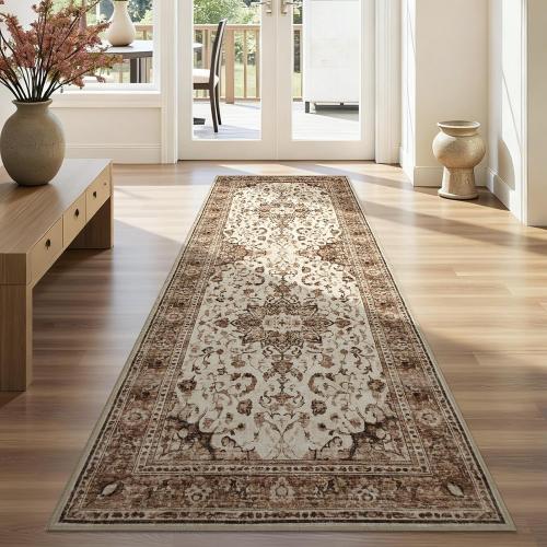 Joydeco Washable 2x6 Hallway Runner Vintage, Beige & Blue & Reddish-Brown