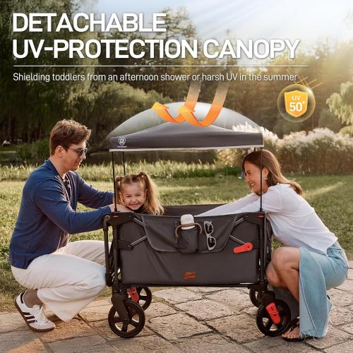 EVER ADVANCED Wagon Stroller for 2 Kids, Compact One-Step Fold Stroller Wagon with Adjustable Push/Pull Handles, Folding Wagon for Travel, Park & Beach, Includes Removable UV Canopy, Grey