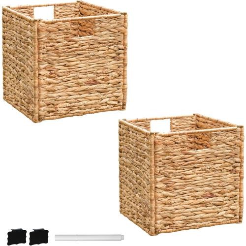 12x12x12 Storage Cube, Water Hyacinth Storage Baskets, Wicker Storage Baskets for Shelves, Woven Baskets for Storage, Square Wicker Storage Basket for Living Room (2 Packs 12x12in)