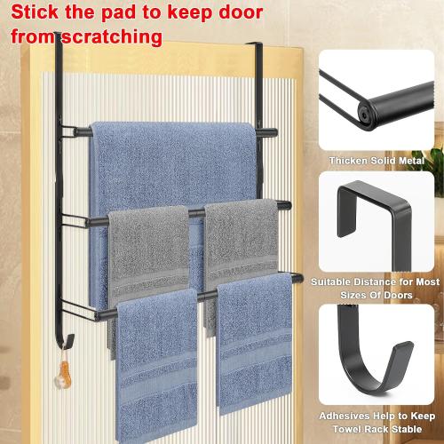 Livabber 3-Tier Over The Door Towel Rack, All Metal Towel Rack with Hooks for Door Hanging, Behind Door Towel Bar Towel Storage Holder for Bathroom Accessories, Black (22.8 L x 5.9 W x 24.4 H)