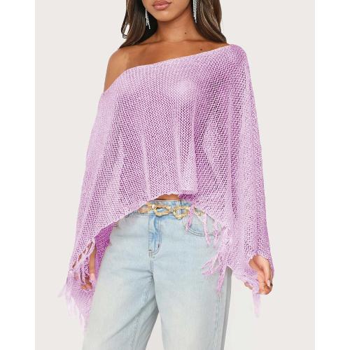 Womens Summer One Shoulder Knit Sheer Poncho Trendy Lightweight Boat Neck Fringe Pullover Sweaters