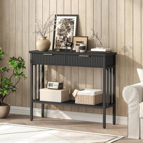 MAHANCRIS Console Table with 2 Drawers, Narrow Long Entry Table with Storage Shelf, 2-Tier Fluted Entryway Table with 2 Drawers, for Entryway, Living Room, Foyer, Hallway, Office, Black CTHB5101