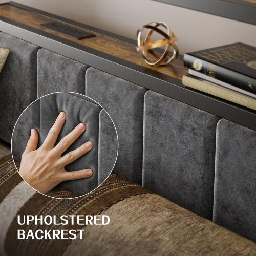 Full Size Platform Bed Frame with LED Lights, Charging Station, Grey Upholstered Headboard with 2-Tier Storage Shelves, Noise Free, No Box Spring Needed