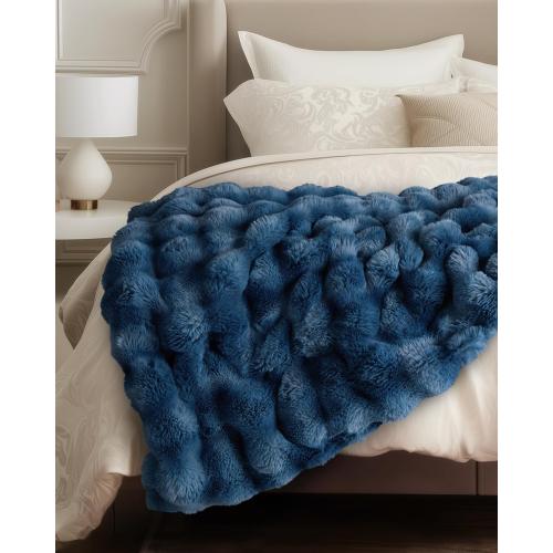 Ultra Soft Cozy Faux Fur Throw Blanket, Fuzzy Plush Thick Bubble Blanket, Oversize Luxury Fluffy Blanket for Couch, Bed, and Living Room, 60x80 Inches, Blue