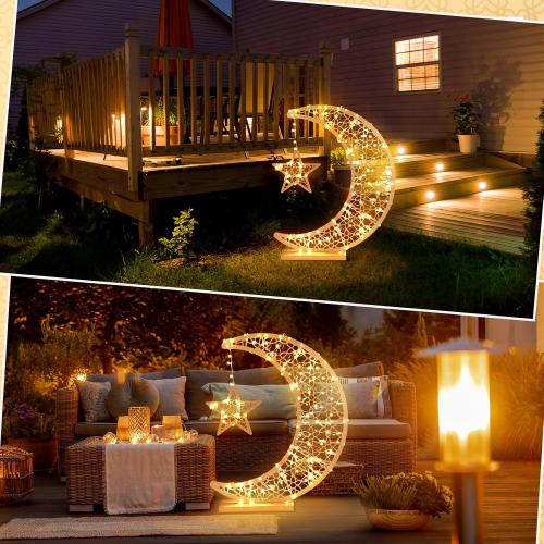 Tujoe Ramadan Crescent Moon Wooden Moon Decorations Lights for Home Eid Mubarak Star Crescent Eid Crafts Light Stand Mubarak Table Centerpiece with Star Ornament for Home Islamic Gift(20 x 17 Inch)