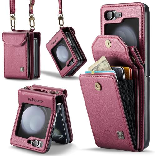 Crossbody Case Compatible with Samsung Galaxy Z Flip 5,Retro PU Leather Strap Wristlet Flip Case with Magnetic Closure and Card Holder for Men WomenWine Red